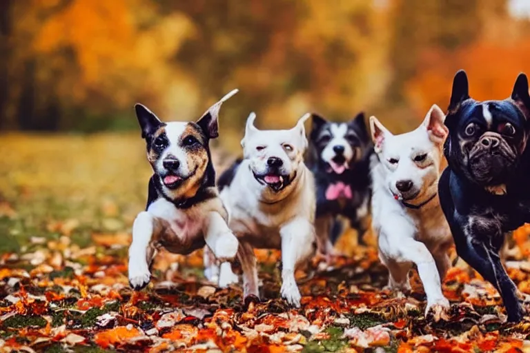 Prompt: dogs running through autumn leaves towards the camera