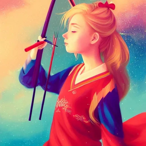 Image similar to colorful and festive captivating teenager girl with blonde hair, red japanese traditional clothes, shooting a firework with bow and arrow at the sky. rich vivid colors, ambient lighting, dynamic lighting, 4 k, atmospheric lighting, painted, intricate, highly detailed by charlie bowater