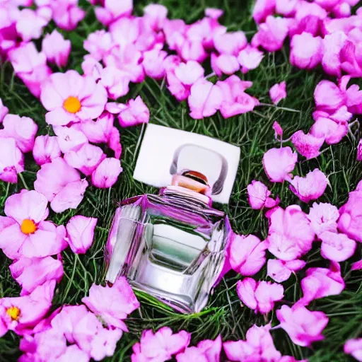 Prompt: perfume bottle buried in a plethora of grass and pink flowers, birdseyeview, close up shot, surrounded by floral, softly - lit, soft - warm, zen, light, modern minimalist f 2 0 clean