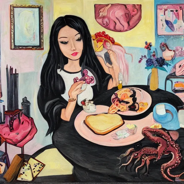 Image similar to a portrait in a female artist's bedroom, black walls, emo girl eating pancakes, sheet music on fire, berries, surgical supplies, handmade pottery, flowers, sensual, octopus, neo - expressionism, surrealism, acrylic and spray paint and oilstick on canvas