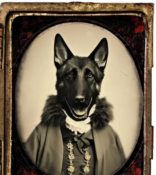 Image similar to professional studio photo portrait of anthro anthropomorphic german shepard head animal person fursona smug smiling wearing elaborate pompous royal king robes clothes degraded medium by Louis Daguerre daguerreotype tintype