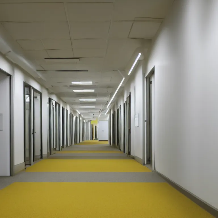 Image similar to liminal abandoned office hallways with walls and carpeting with a monochromatic tone of pale yellow, fluorescent lights, pale yellow walls, pale yellow carpet flooring, european office