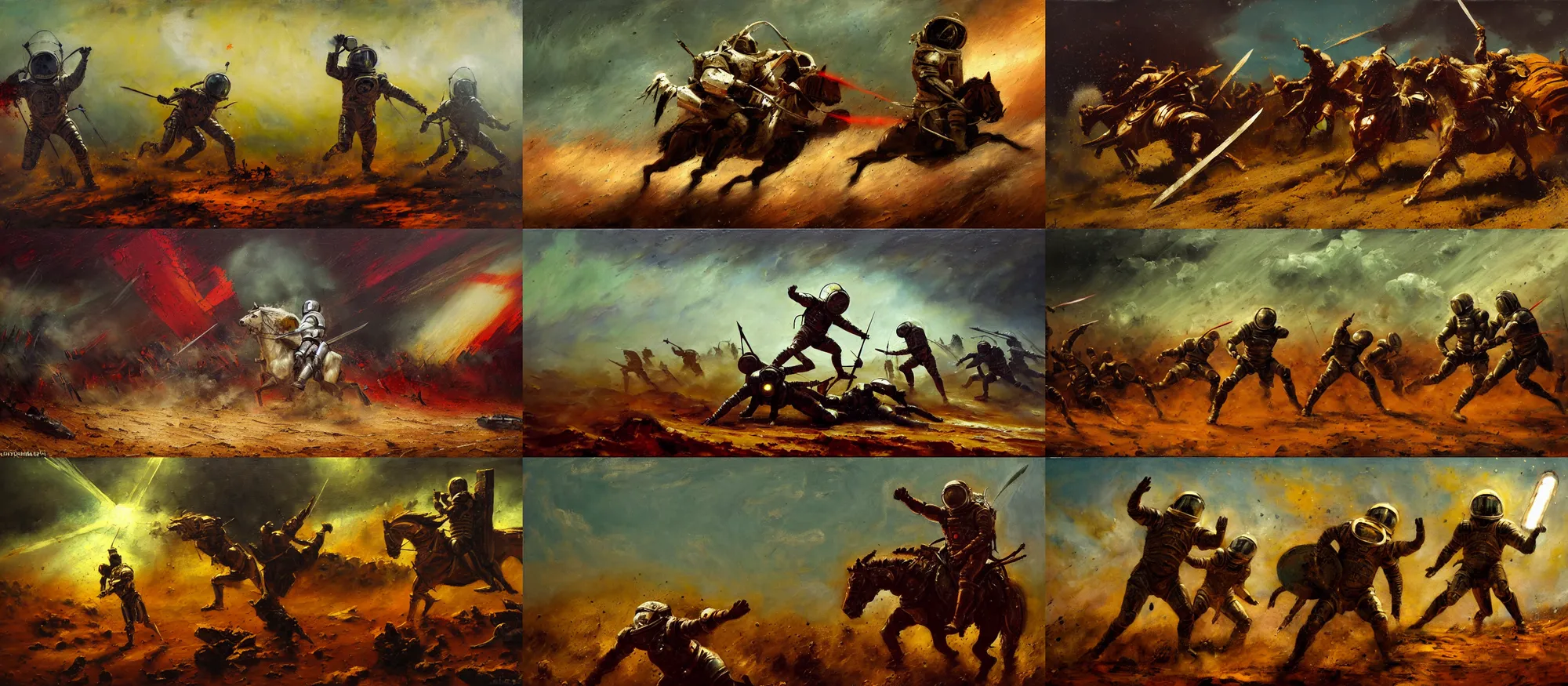 Prompt: battle scene, gladiator - astronaut using knives, segmented armor, luminist style, tonalism, dramatic lighting, action scene, palette knife, frenetic brushwork, chiaroscuro, figurative art, detailed, proportions, spatter, dust, atmospheric, volumetric lighting, red iron oxide, raw sienna, and sage green