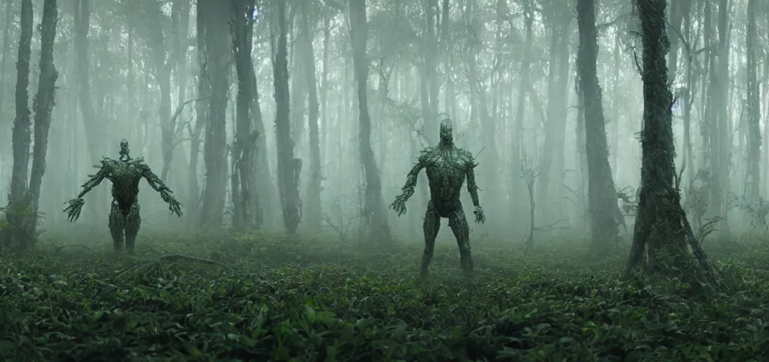 Image similar to a complex organic fractal 3 d metallic symbiotic ceramic humanoid megastructure creature in a swampy lush forest, foggy, cinematic shot, photo still from movie by denis villeneuve