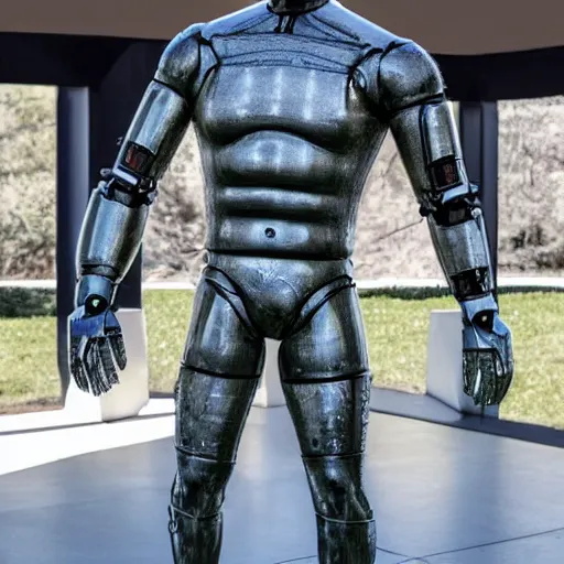 Image similar to a realistic detailed photo of a guy who is an attractive humanoid who is half robot and half humanoid, who is a male android, wrestler bo nickal, shiny skin, posing like a statue, blank stare, by the pool, on display, showing off his muscles, humanoid robot, frozen ice statue