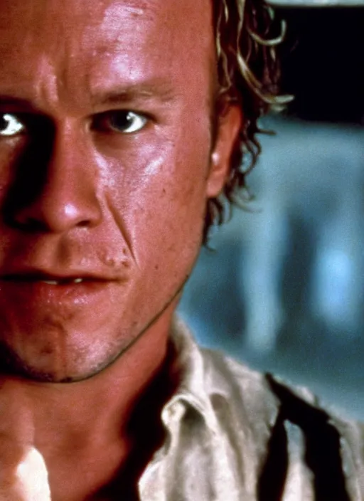 Prompt: film still of Heath Ledger as John McClane in Die Hard, 4k