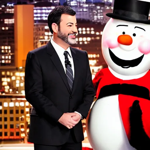 Prompt: Jimmy Kimmel interviewing Frosty the Snowman, tv show, television,