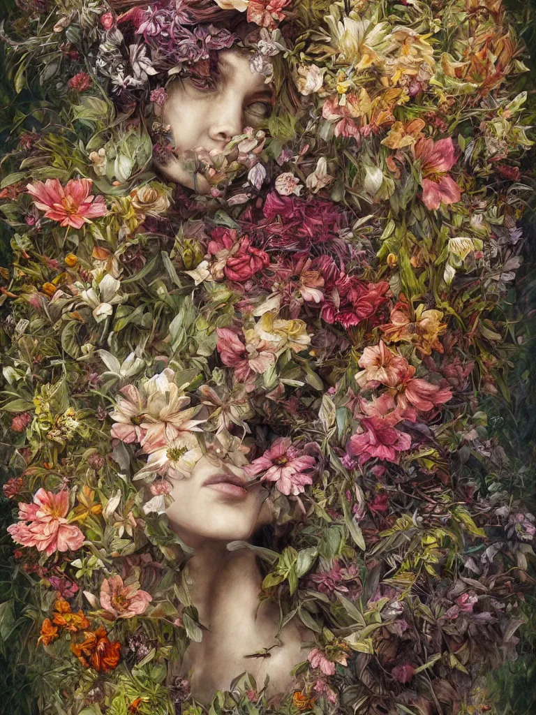 Prompt: a chaotic whirlwind of exotic forest flowers and leaves, intricate details, aesthetically pleasing and harmonious natural colors, art by marco mazzoni, impressionism, detailed, dark, spring, flowers
