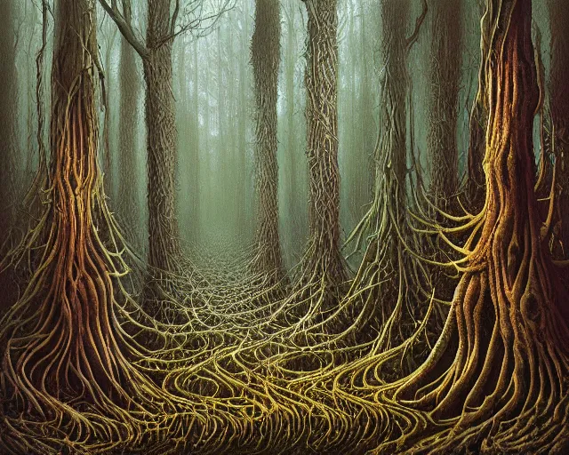 Prompt: fractal acid trip forest by vladimir kush and giger