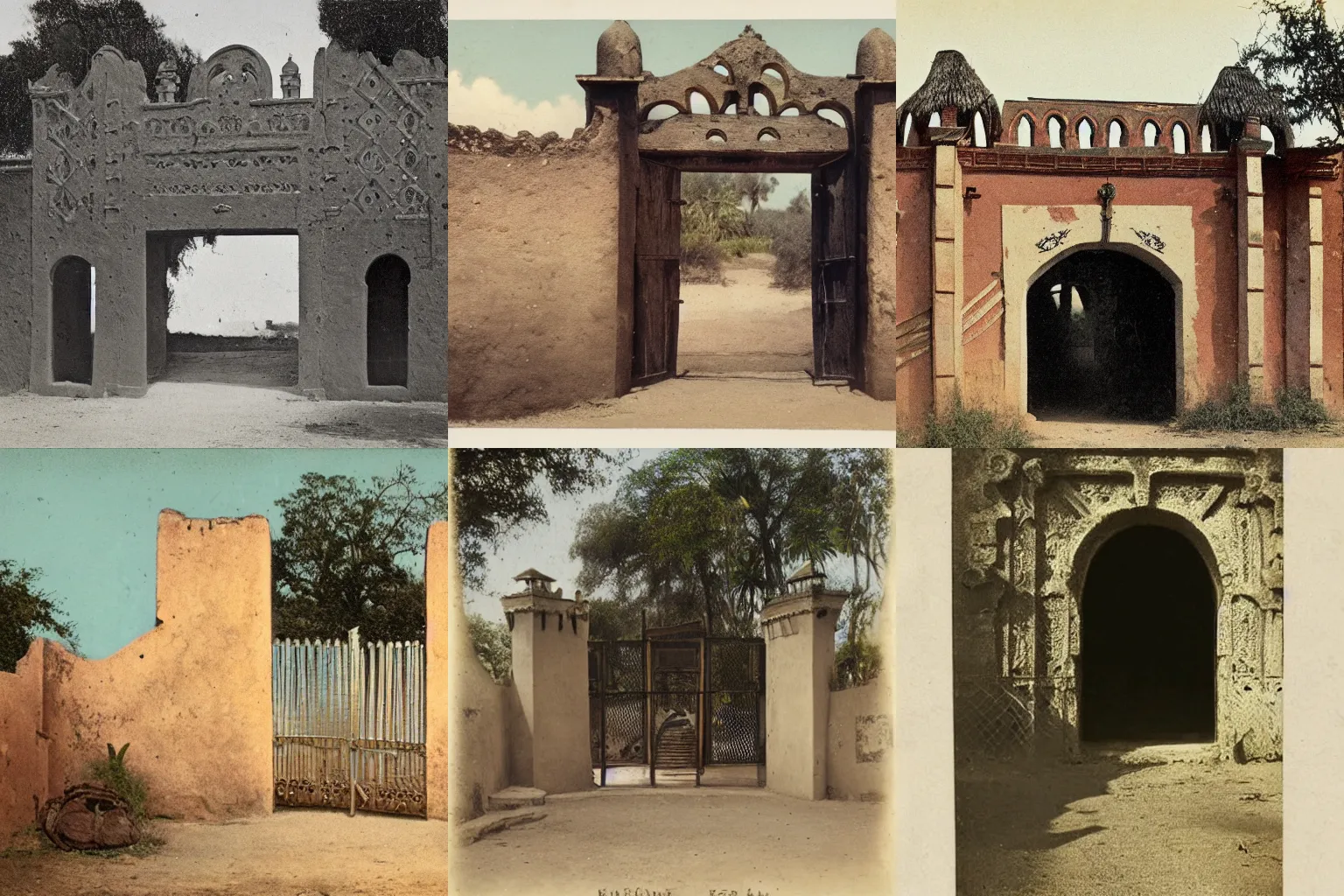 Prompt: high quality photography of the ornate entrance gate to an old west african fortress, photochrom print, postcard, 1 8 9 0.