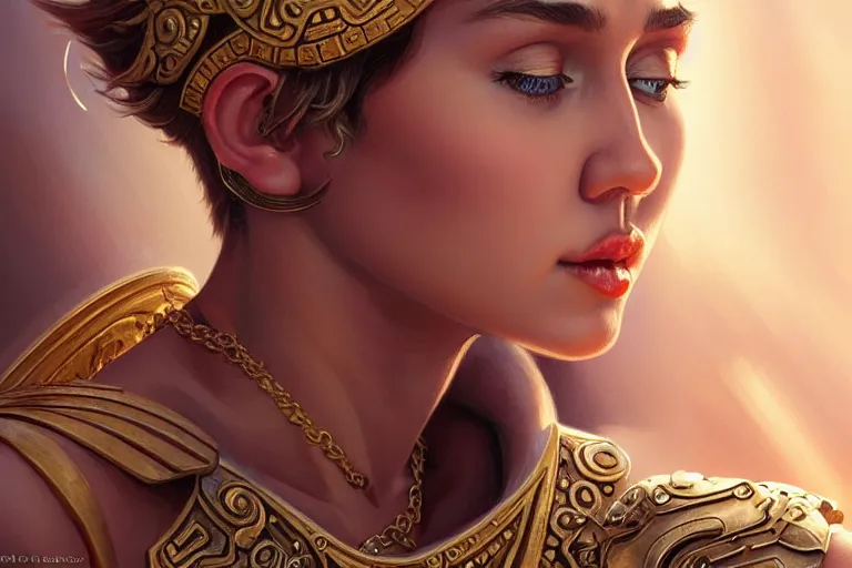 Image similar to miley cyrus as greek goddess athena, closeup, d & d, fantasy, intricate, elegant, highly detailed, digital painting, artstation, concept art, matte, sharp focus, illustration, hearthstone, art by artgerm and greg rutkowski and alphonse mucha