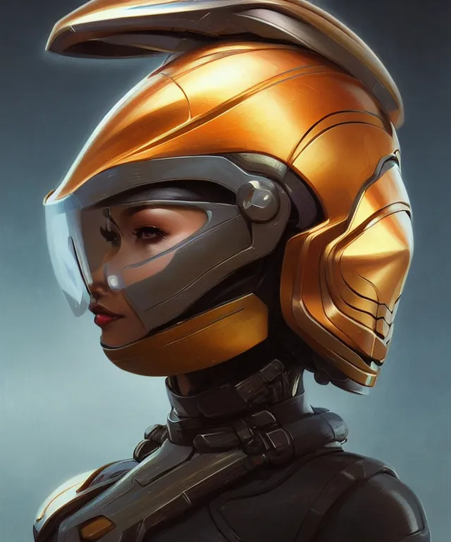 Image similar to futuristic woman in helmet portrait, sci-fi, amber eyes, face, long hair, fantasy, intricate, elegant, highly detailed, digital painting, artstation, concept art, smooth, sharp focus, illustration, art by artgerm and greg rutkowski and alphonse mucha