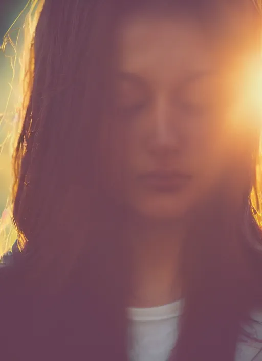 Image similar to a very beautiful still of a beautiful brown - haired woman with her head leaning backwards, golden ray of light across her face, eyes closed, front shot, close - up, hyper detailed, high contrast, bokeh background, realistic, digital art by irak linadar, sharp focus, golden, delicate, sunlight, dark background, 4 k