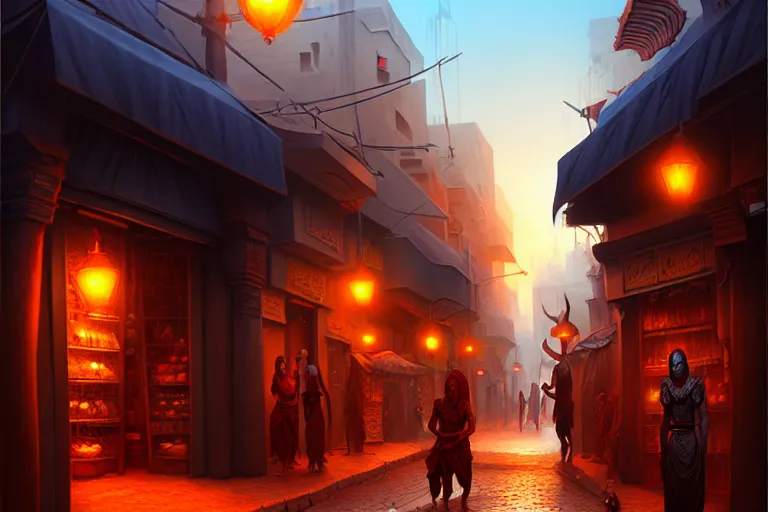 Image similar to a bazaar street in the city of tyr from athas, amazing dark sun digital painting, by gerald brom, brom digital art, intricate details, ultra realistic, beautiful art, volumetric lighting, warm colors advance cool colors recede, by brom, trending cgsociety, artstation, rim lighting, 8 k