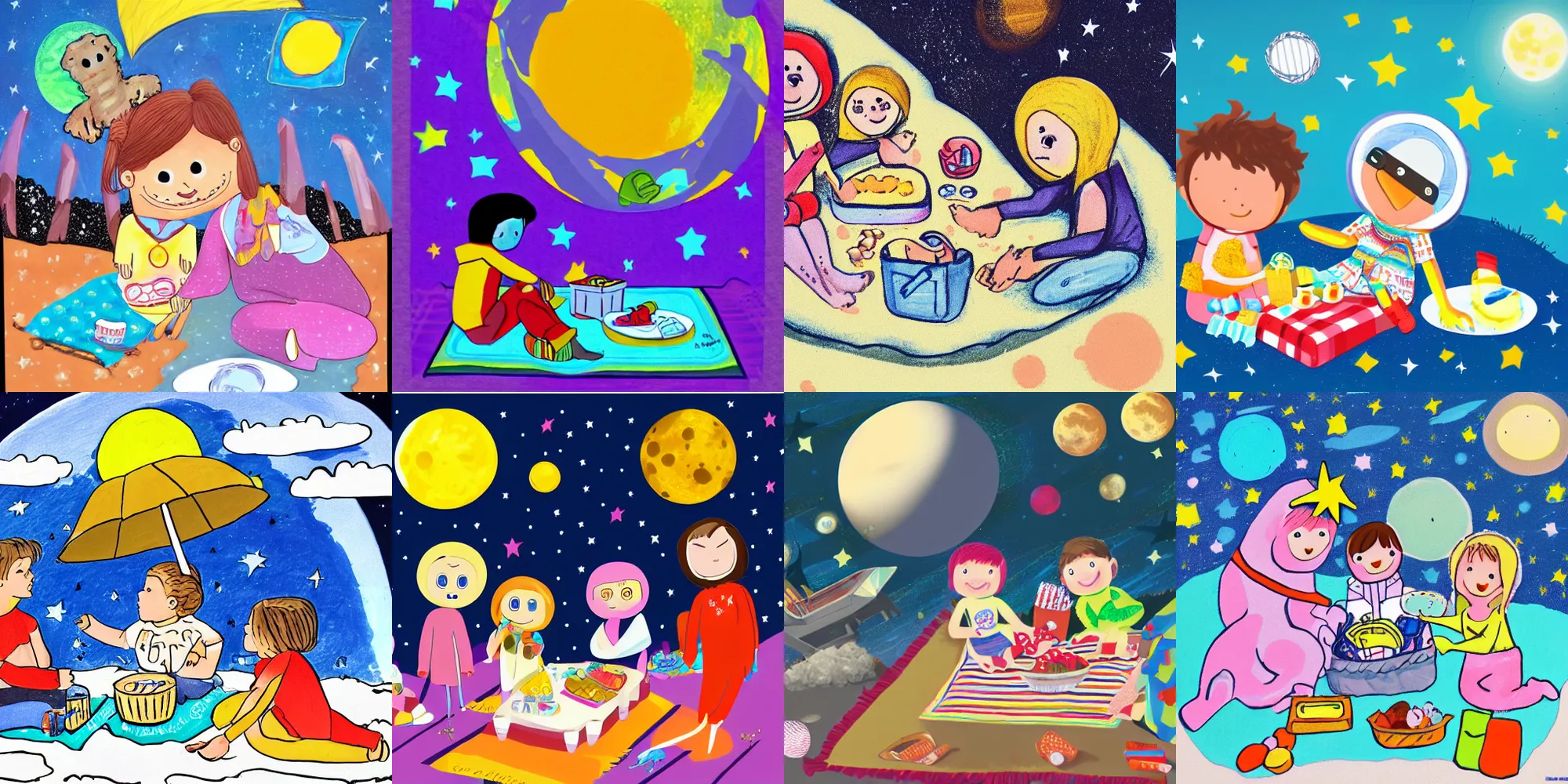 Prompt: A PICNIC ON THE MOON WITH KAYCARE , Children's Illustration