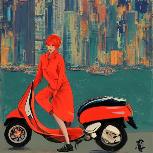 Image similar to the orange - haired vespa queen in hong kong, by amiet kuno