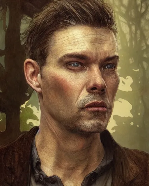 Image similar to portrait of 4 0 - year - old man, with a pale face with premature lines, and light brown hair going grey, wearing in shirt, hyper realistic face, beautiful eyes, fantasy art, in the style of greg rutkowski, intricate, alphonse mucha, hyper detailed, smooth