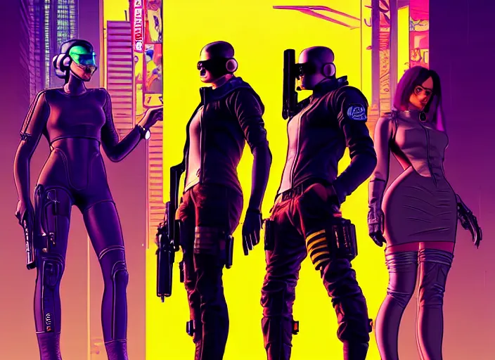 Image similar to cyberpunk hitmen. portrait by stonehouse and mœbius and will eisner and gil elvgren and pixar. character design. realistic proportions. cyberpunk 2 0 7 7 character art, blade runner 2 0 4 9 concept art. cel shading. attractive face. thick lines. the team. diverse characters. artstationhq.