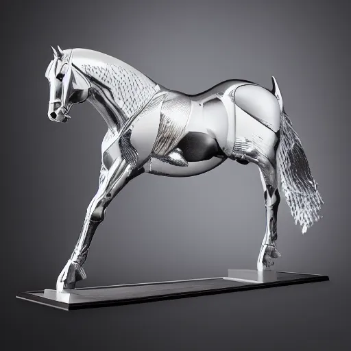 Image similar to cinematic photoshoot of clean modern hand crafted super futuristic tech horse sculpture pro display xpr luxury smooth color metal white silver with black leather padding well design ultrareallistic detailed high quality 8 k photorealistic ultra realistic