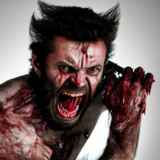 Prompt: the wolverine screaming, zombie, full body shot, butcher by yousuf karsh, golden hour, realistic, body shot, sharp focus, 8 k high definition, insanely detailed, intricate, elegant