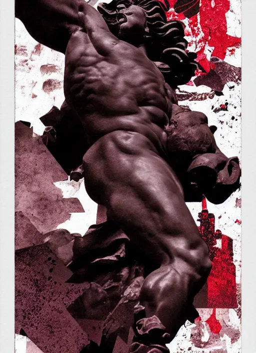 Image similar to dark design poster showing a statue of hercules, black background with very subtle red and purple design elements, subtle white lines, powerful, nekro, guido crepax, graphic design, collage art, dark, glitch art, neo vaporwave, gritty, layout frame, square, trending on artstation