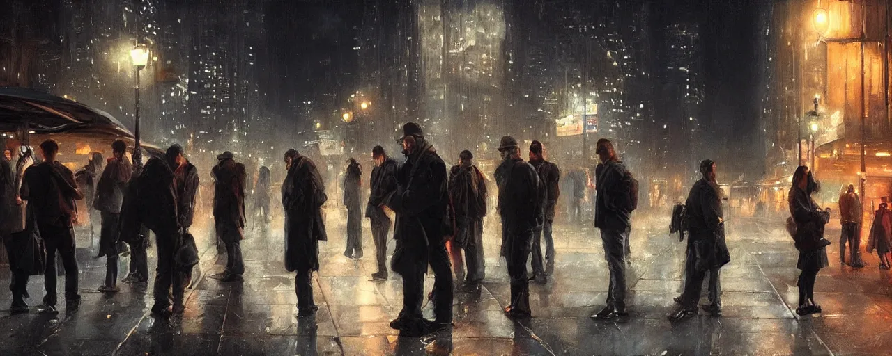 Image similar to some people waiting at the bus stop in the dark city night. most epic dramatic scene. epic cinematic hyperrealism masterpiece. realistic poster with shaded lighting by craig mallismo, artgerm, jeremy lipkin and michael garmash, unreal engine, radiant light, detailed and complex environment, digital art, art station trends