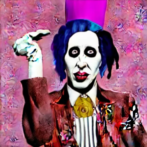 Image similar to graphic illustration, creative design, marilyn manson as willy wonka, biopunk, francis bacon, highly detailed, hunter s thompson, concept art