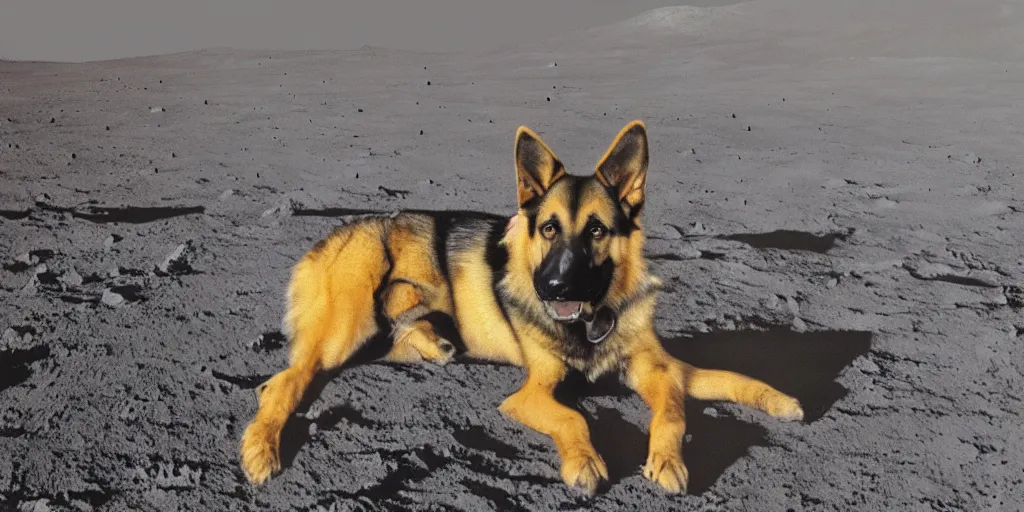 Prompt: high resolution colour photograph of a german shepherd on the moon surface, wearing a space suit, portrait, very detailed, realistic, shot on digital camera