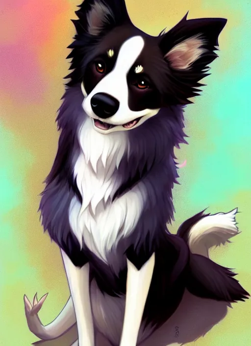 Image similar to wide angle beautiful full body portrait of a cute male anthropomorphic border collie fursona wearing a t - shirt and posing in front of a park, character design by charlie bowater, henry asencio, and ross tran, furry art, furaffinity, scenic background, beautiful, glamor pose, detailed, aesthetic, trending on artstation