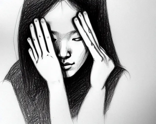 Image similar to draft drawing of a woman covering her face with her hands, a sketch by choro choi, thin stroke, trending on artstation, context art, pencil sketch, high detail