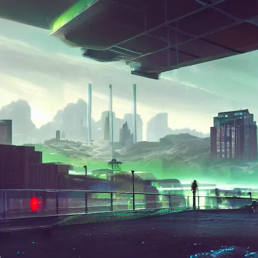 Image similar to future city made from bright concrete and steel, metropolis, brutalist, waterways, waterfalls, dramatic clouds, neon green lava streets, god rays, digital art, landscape, fantasy art, octane render, pop art, ureal engine, high detail, very realistic, by greg rutkowski. by simon stalenhag