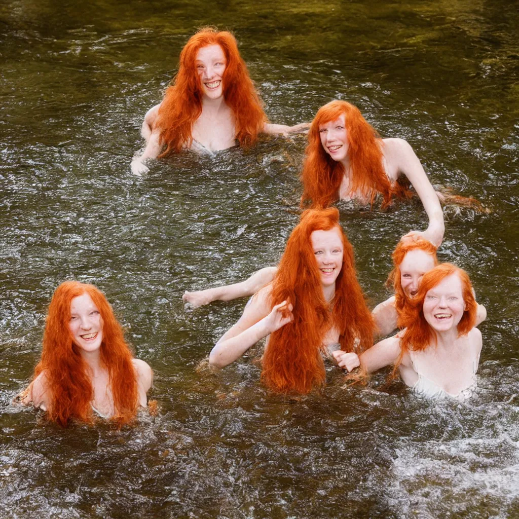 Image similar to lovely 7 0's 1 6 mm photograph of two long haired redhead women having fun swimming in a creek, golden hour, soft light, sun reflecting off of the water, 4 k