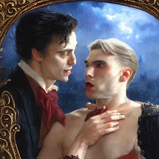 Image similar to attractive male, arthur pendragon confesses his love to attractive male dracula the vampire. highly detailed painting by gaston bussiere, craig mullins, j. c. leyendecker 8 k