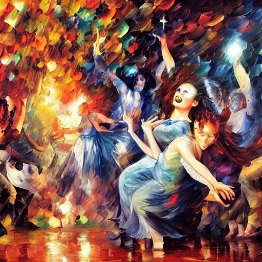 Prompt: rave dance party by arthur adamas, charlie bowater, leonid afremov, chiho ashima, karol bak, david bates, tom chambers