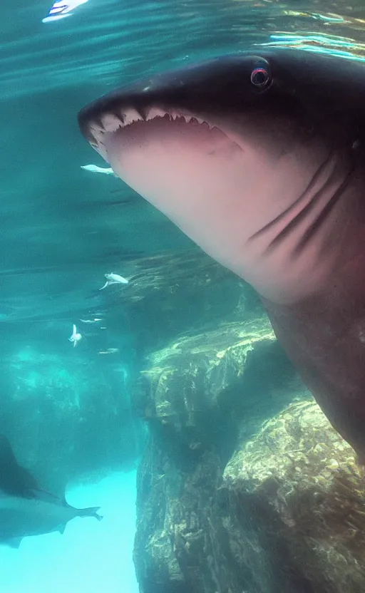 Image similar to im under water swimming with the fishes, i looked over and see a big shark swimming towards me, 8 k, gopro