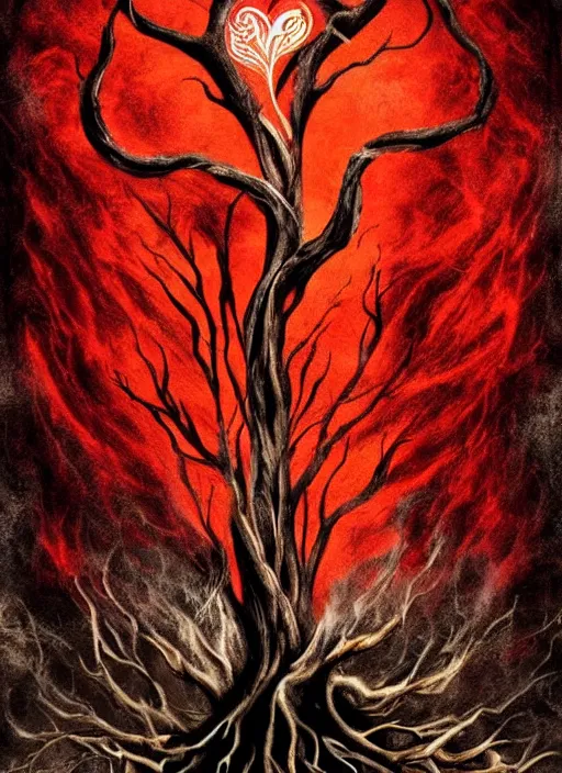 Image similar to dripping heart in fire ❤🔥 with roots growing above it, sadness, dark ambiance, concept by godfrey blow and banksy, featured on deviantart, sots art, lyco art, artwork, photoillustration, poster art, black and red