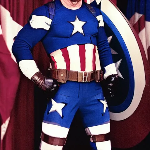 Image similar to uhd candid photo of chuck norris dressed as captain america, wearing extremely intricate costume. photo by annie leibovitz