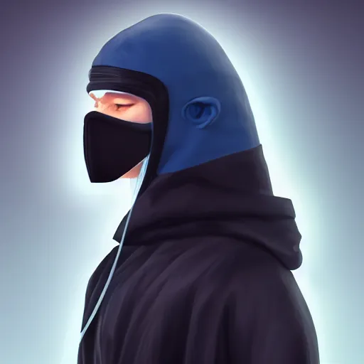 Image similar to a highly detailed, portrait of a man with black hair with a black medical mask, in a hood in the form of a blue shark with white teeth, artstation, DeviantArt, professional, octane render, digital art