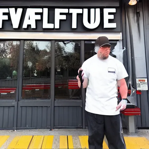 Image similar to wafflehouse restaurant cook standing outside smoking a cigarette