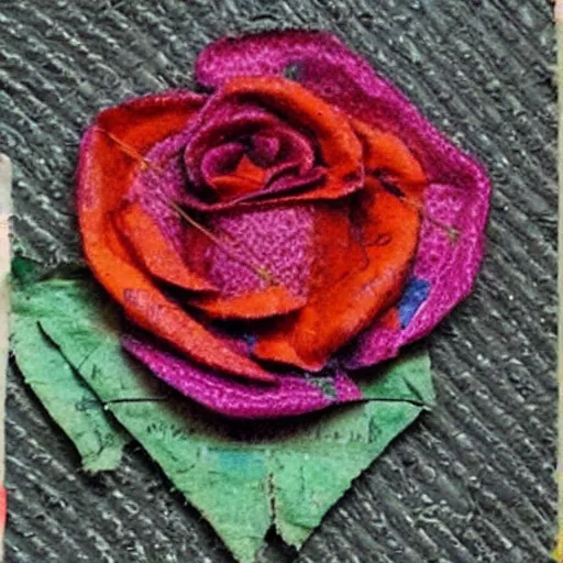 Image similar to photo of an intricately detailed representation of a accurate rose. Colored synthetic polymer blended with colored torn fabrics miniature on found newspaper.