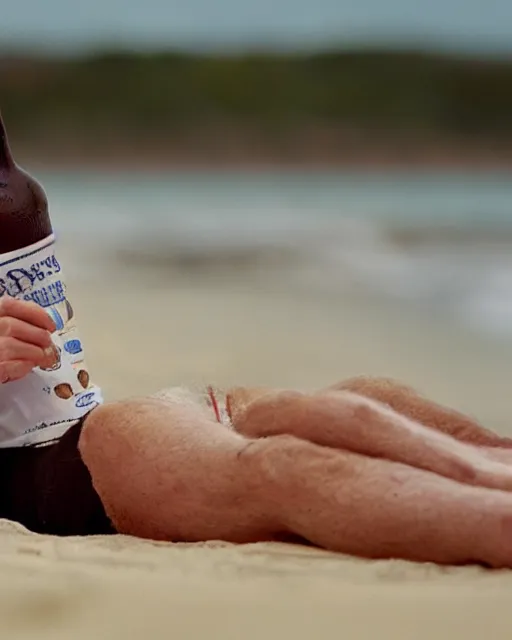 Image similar to film still close - up shot of boris johnson on the beach and drinking a beer with chocolate biscuits from the movie monty python's the meaning of life. photographic, photography