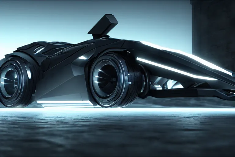 Image similar to cyberpunk batmobile concept inspired sports car, futuristic look, highly detailed body, very expensive, photorealistic camera shot, bright studio setting, studio lighting, crisp quality and light reflections, unreal engine 5 quality render