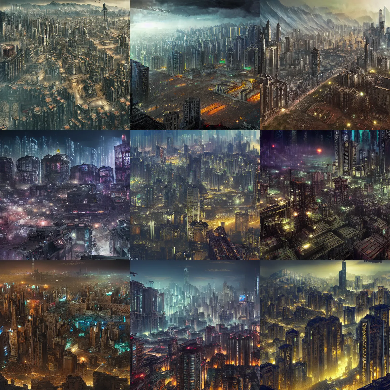 Prompt: megacity, hive city, kowloon walled city, futuristic, dystopia, night time, matte painting, in style of Fenghua Zhong