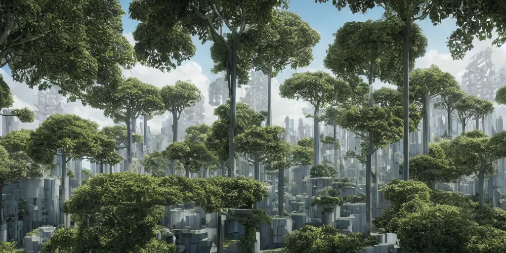 Prompt: a colorful overgrown forest with a single building based on the architecture of ricardo bofill within an urban megacity, sci - fi, light blue sky with clouds, dramatic matte painting, style by piet mondrian, 8 k, octane render, photorealistic, hyperrealism