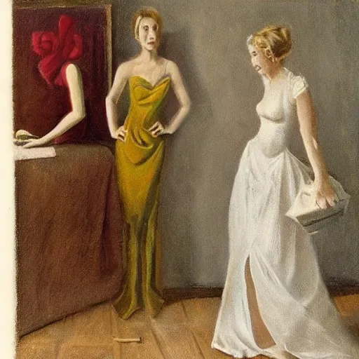 Prompt: by Piotr Jablonski , women in dress listening patiphon