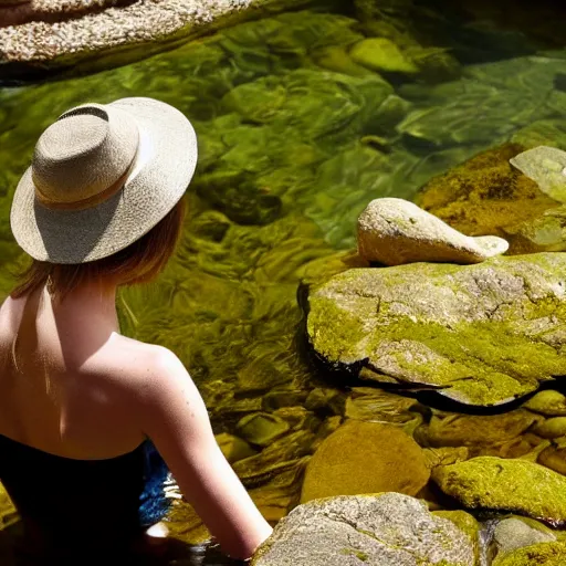 Prompt: blonde girl with summerhat, kneeling in a shallow stream in france, backlit, rocks visible underneath the water, style of volegov