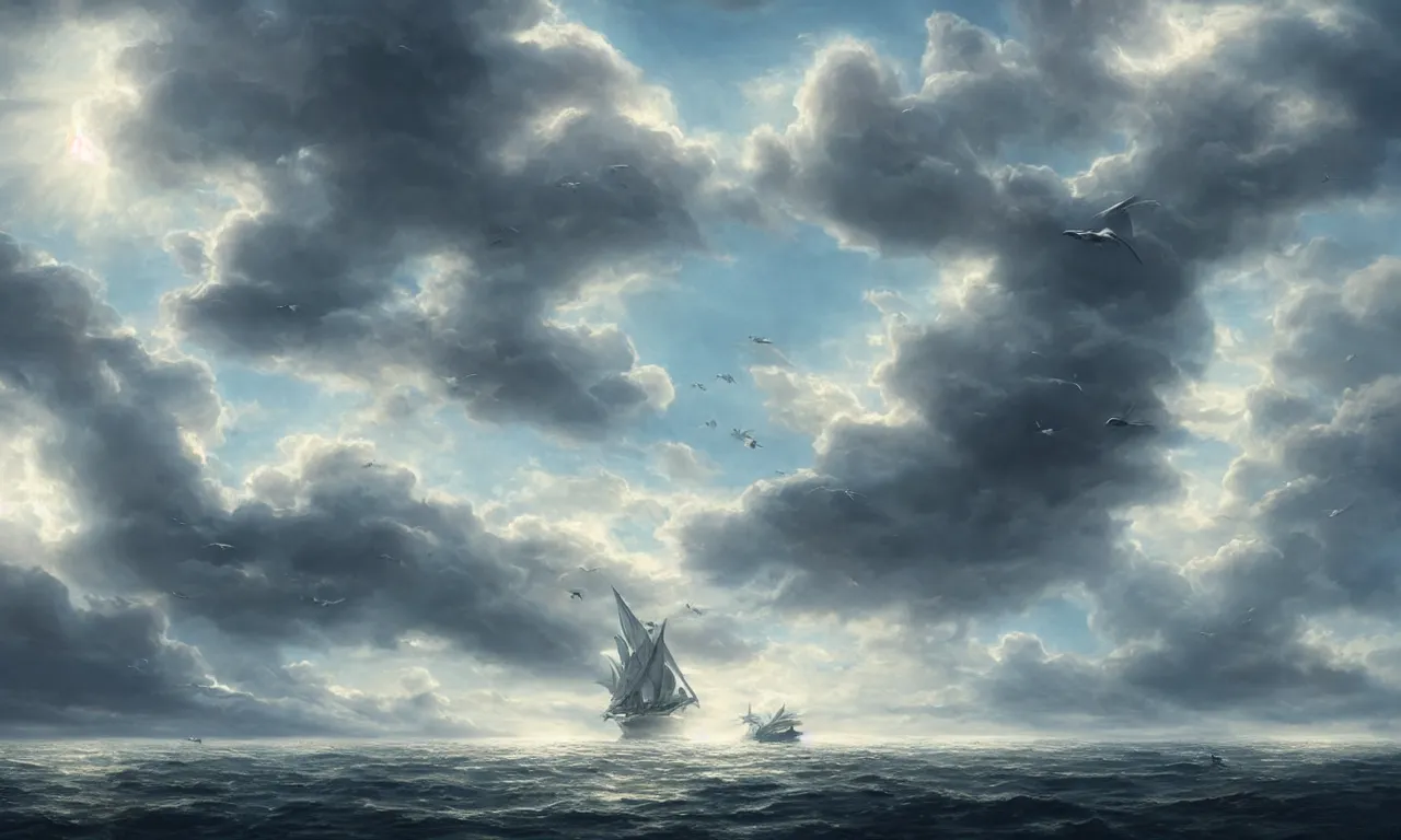 Prompt: a beautiful digital painting of a white ship merged in the clouds, birds flying in the sunlight, intircated tumultuous clouds, blue sky at sunset, elegant, highly detailed, artstation, concept art, matte, sharp focus, art by tom bagshaw, kelogsloops and greg rutkowski