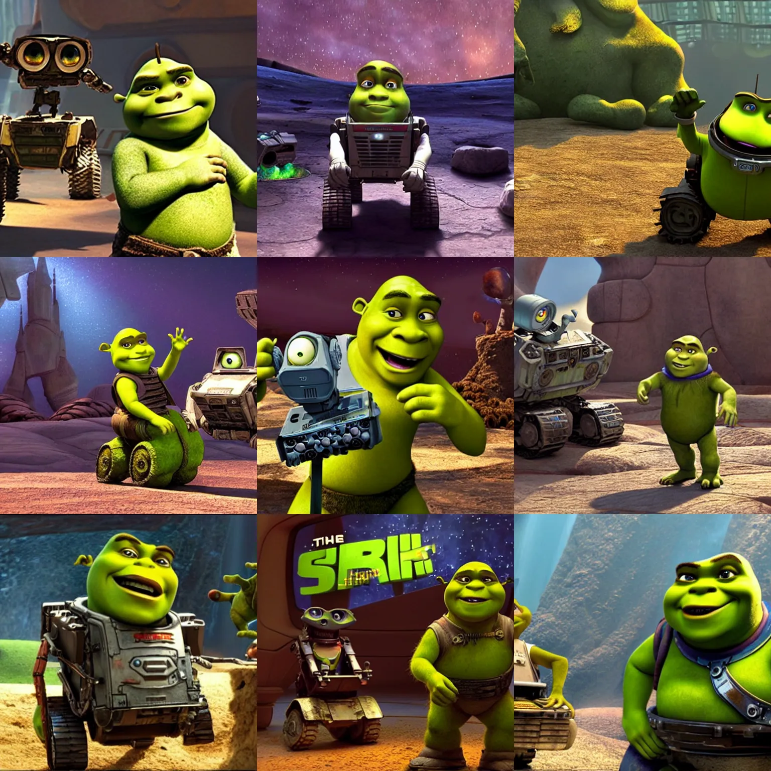 Prompt: shrek as a spaceship captain in wall - e. 3 d movie by pixar, cinematic lighting, wall - e is in the foreground