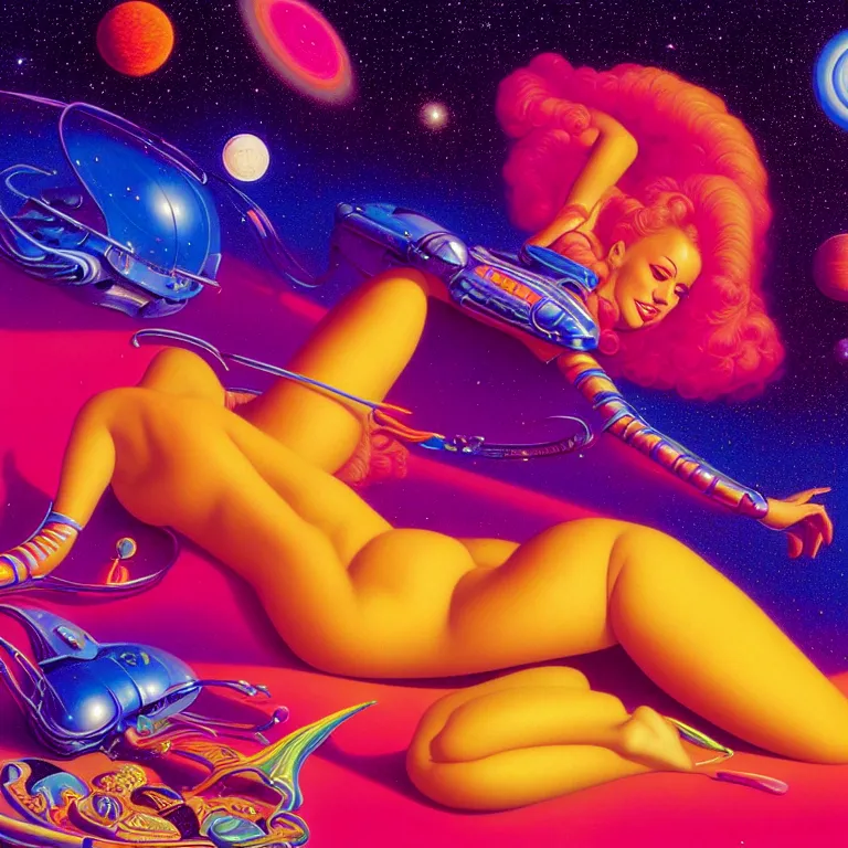 Image similar to cosmic girl, 2 0 yo, reclining close - up, bright neon colors, highly detailed, cinematic, panoramic, tim white, michael whelan, roger dean, bob eggleton, philippe druillet, vladimir kush, kubrick, alfred kelsner, boris vallejo