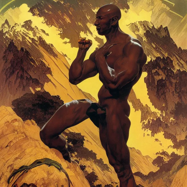 Prompt: an aesthetic! a detailed image of a black man, bald head, spectacles, with mountains of gold in the background, by frank frazetta and alphonse mucha, oil on canvas, art nouveau dungeons and dragons fantasy art, hd, god rays, ray tracing, crisp contour lines, huhd